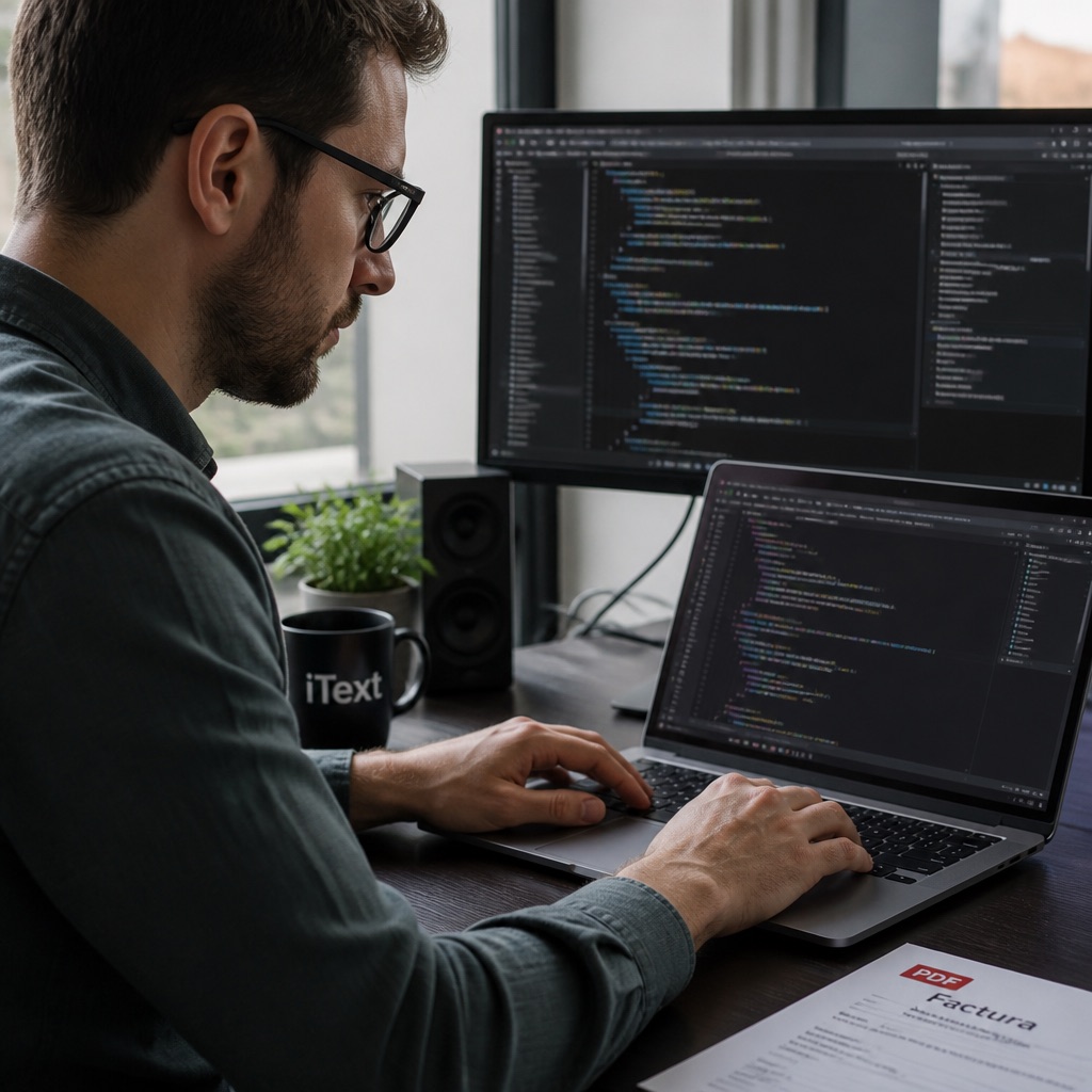 Ilustración editorial de la creación de un fichero PDF en Java con iText, de la factura al informe generado por código