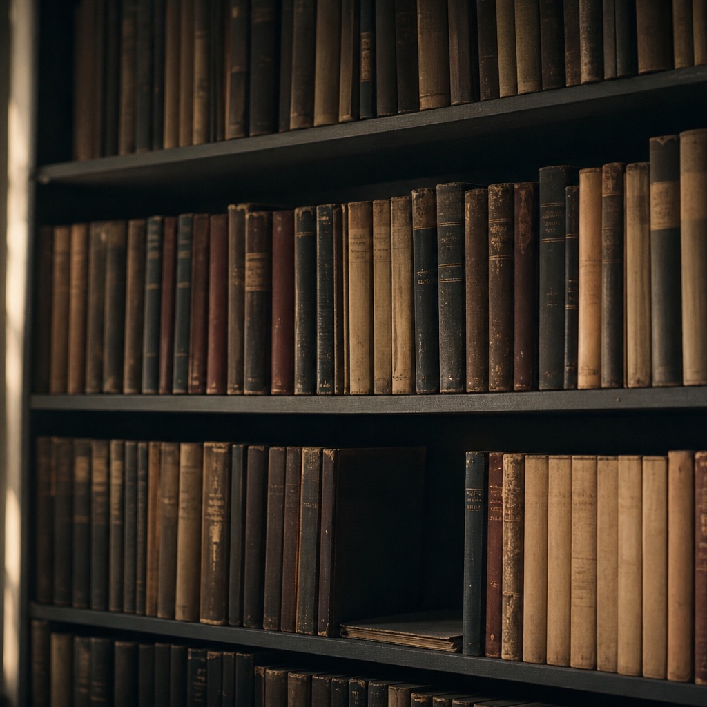 Librería técnica con lomos de manuales desgastados ordenados por años y un hueco visible en una balda, luz de tarde lateral