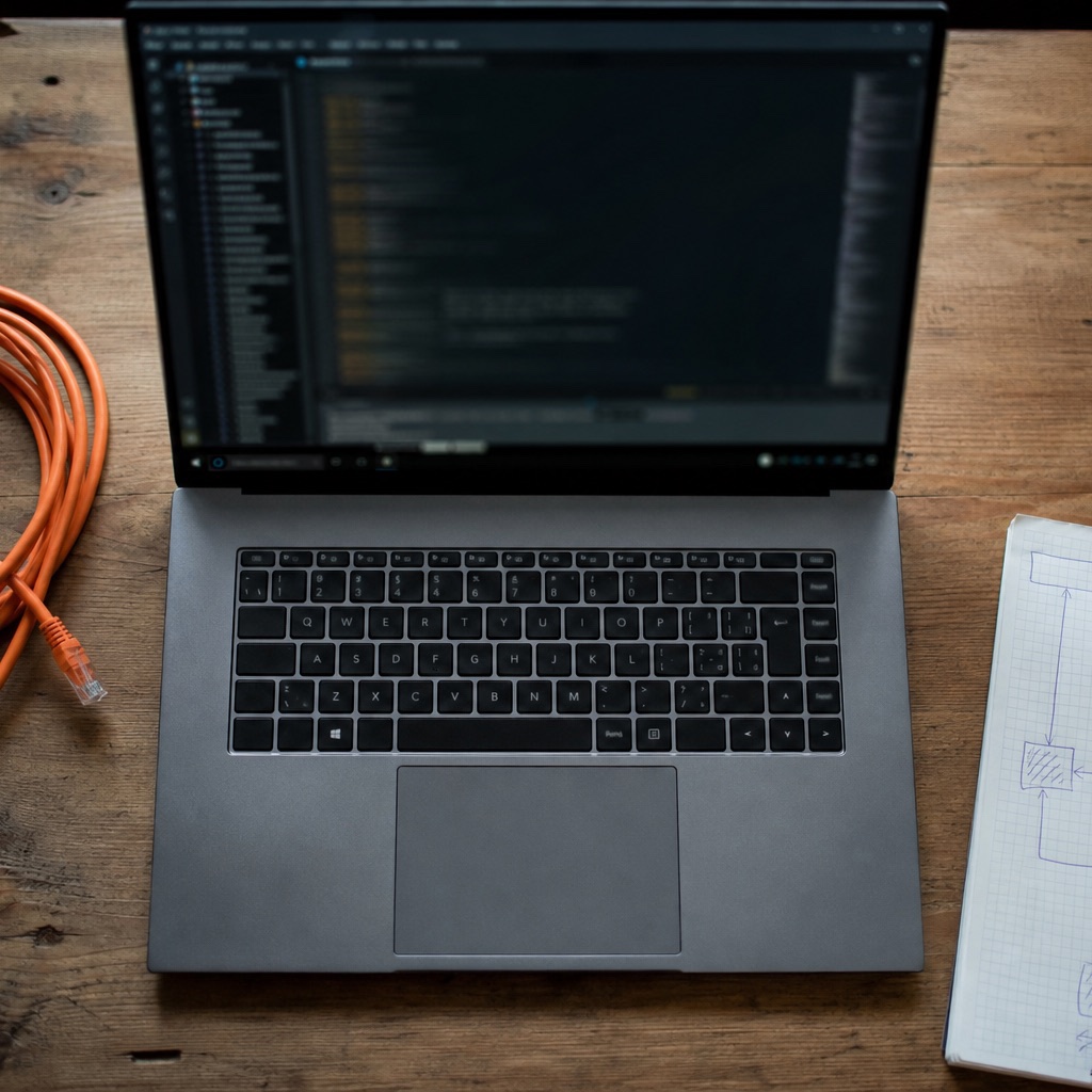 Plano cenital de un portátil sobre mesa de madera con terminal abierta, cable de red desenrollado y libreta con diagramas dibujados a mano