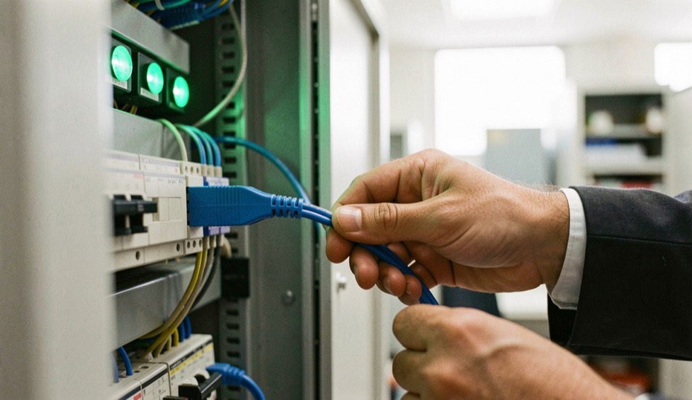 Manos de un técnico conectando un cable de red azul en un armario técnico con pilotos verdes encendidos, oficina desenfocada al fondo