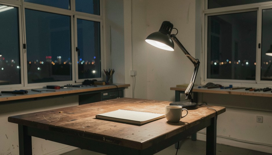 Oficina técnica vacía de madrugada, una lámpara de escritorio encendida sobre una mesa de madera con una libreta cerrada de tapas lisas y una taza de café, ventanas oscuras con luces lejanas de la ciudad